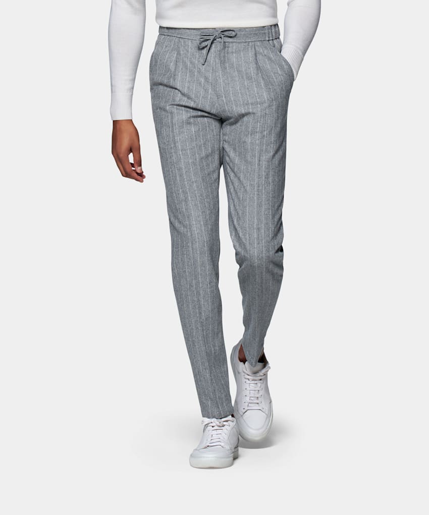 SUITSUPPLY Circular Wool Flannel by Vitale Barberis Canonico, Italy Light Grey Striped Drawstring Ames Trousers