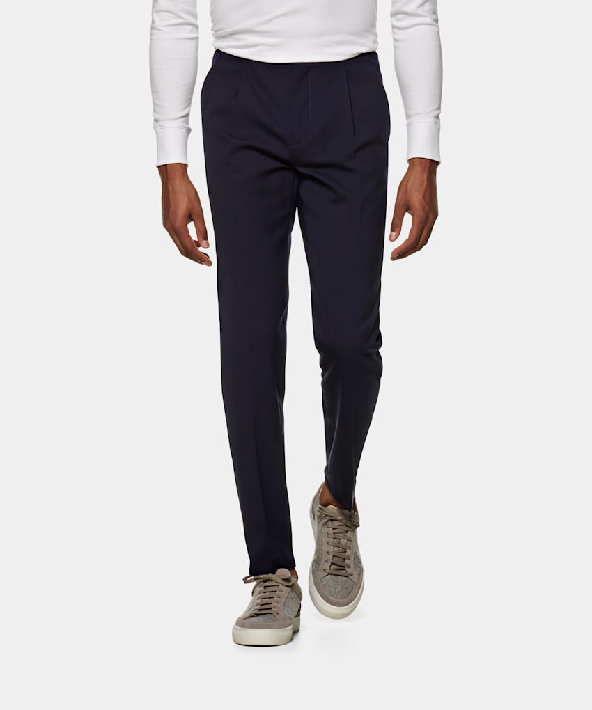 Navy Pleated Drawstring Ames Trousers | Pure Wool Traveller ...