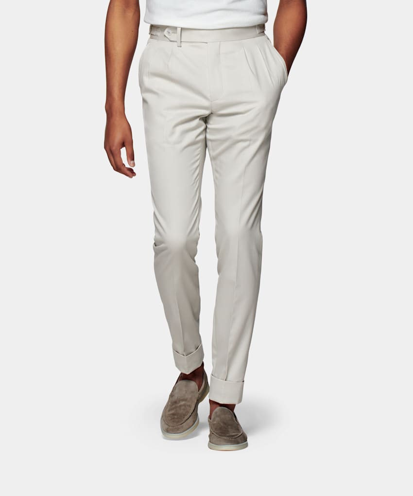 SUITSUPPLY Cotton Cashmere by Solbiati, Italy Light Grey Pleated Braddon Trousers