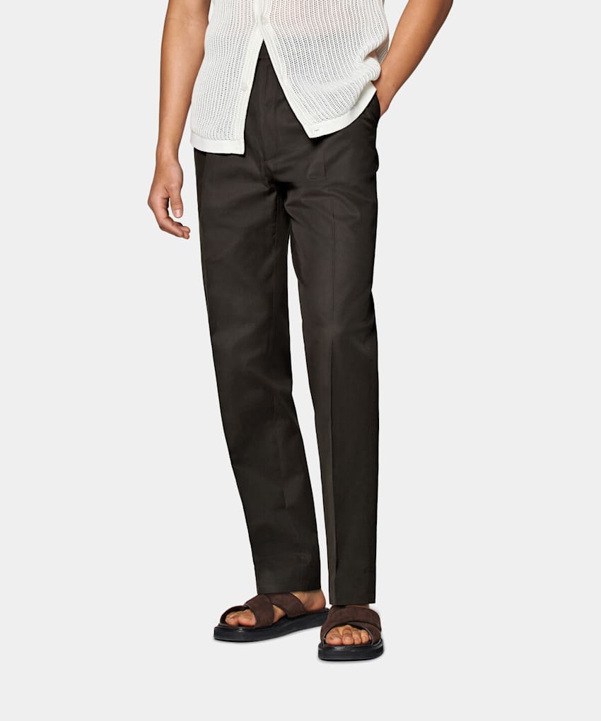 SUITSUPPLY Pure Cotton by E.Thomas, Italy Dark Brown Pleated Duca Trousers
