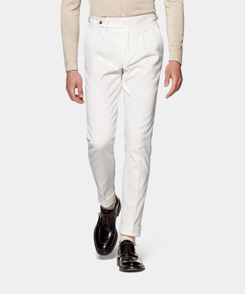 SUITSUPPLY Stretch Cotton by Di Sondrio, Italy Off-White Pleated Braddon Trousers