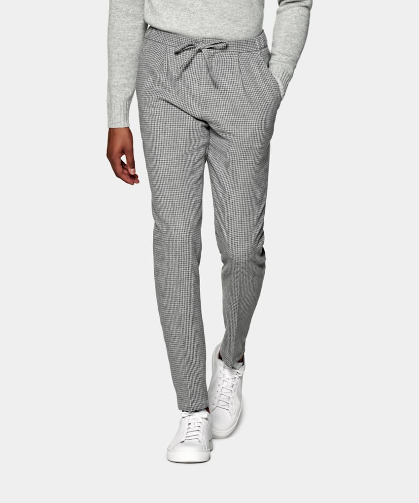 SUITSUPPLY Wool Cashmere by Angelico, Italy Light Grey Houndstooth Drawstring Ames Trousers