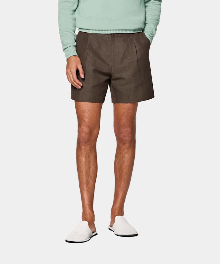 SUITSUPPLY Cotton Linen by Solbiati, Italy Dark Brown Straight Leg Shorts