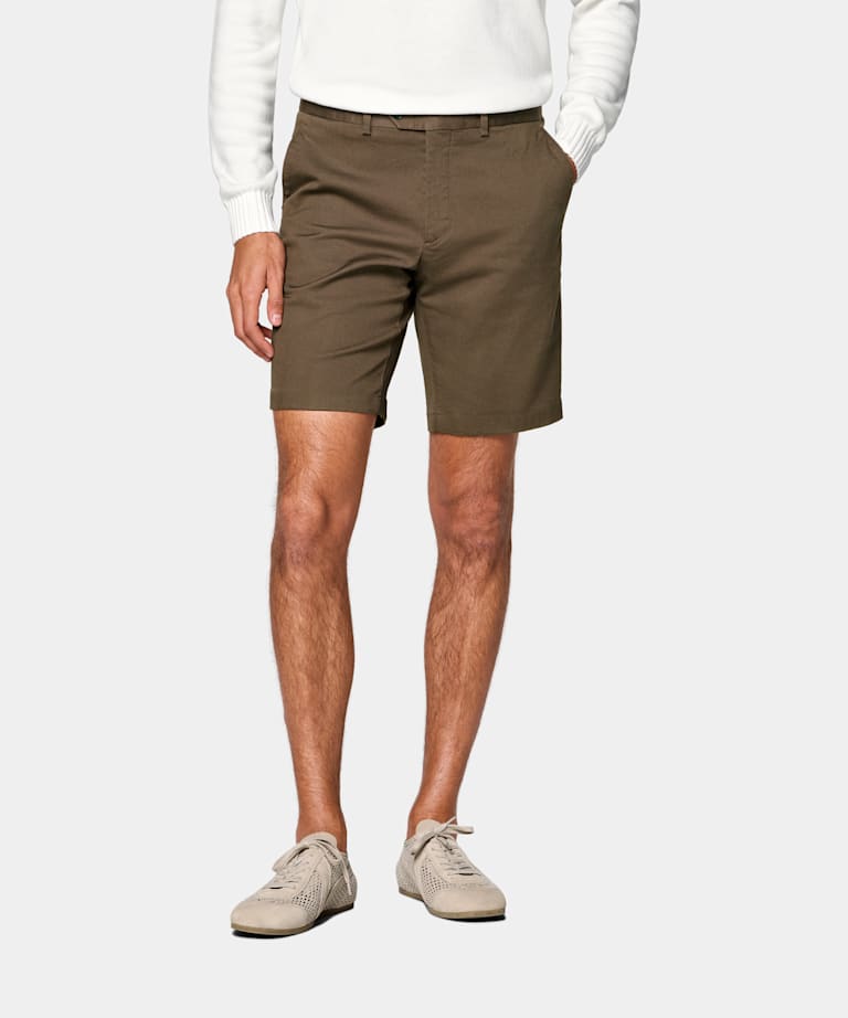 SUITSUPPLY Stretch Cotton by Cervotessile, Italy Mid Brown Slim Leg Chino Shorts