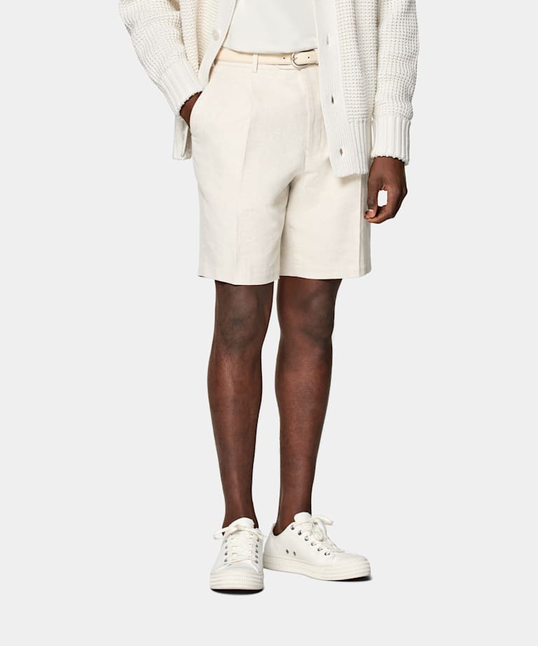 SUITSUPPLY Cotton Linen by Di Sondrio, Italy Sand Pleated Firenze Shorts