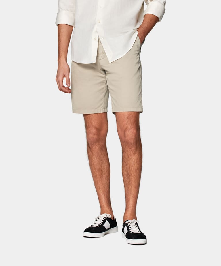 SUITSUPPLY Stretch Cotton by Di Sondrio, Italy Taupe Slim Leg Shorts