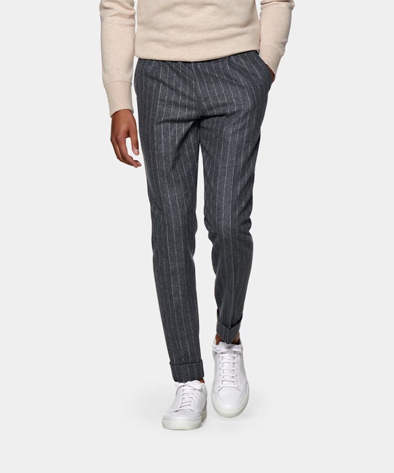 grey trousers with white side stripe