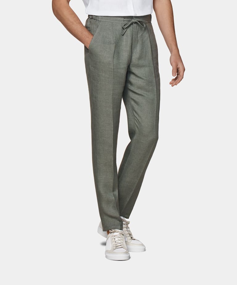 SUITSUPPLY Pure Linen by Solbiati, Italy  Mid Green Drawstring Ames Pants