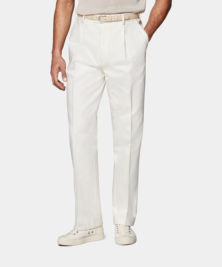 SUITSUPPLY Pure Cotton by Di Sondrio, Italy Off-White Pleated Duca Pants
