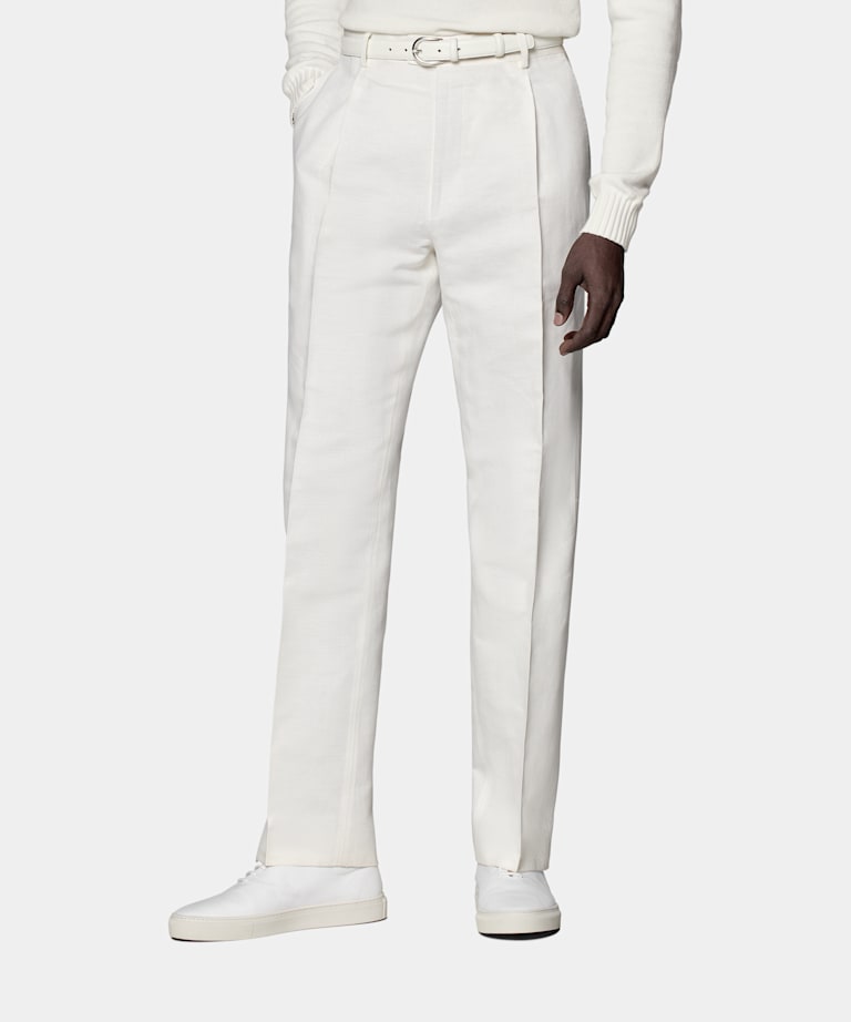 SUITSUPPLY Linen Cotton by Di Sondrio, Italy Off-White Pleated Duca Pants