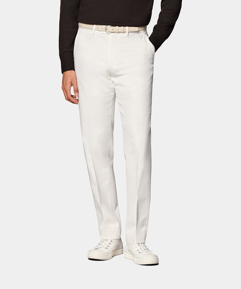 SUITSUPPLY All Season Stretch Cotton by Cervotessile, Italy Off-White Slim Leg Straight Chinos