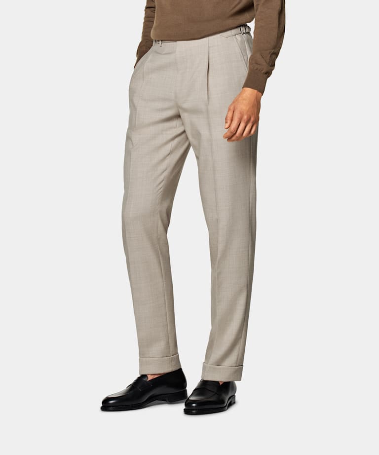 SUITSUPPLY Pure 4-Ply Traveller Wool by Rogna, Italy Sand Pleated Vigo Trousers