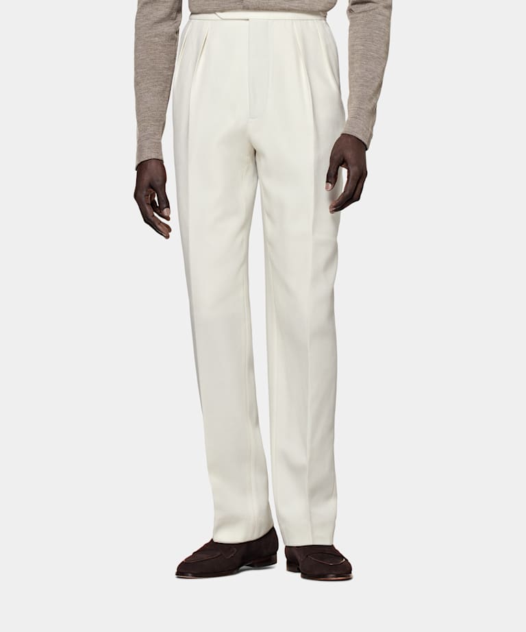 SUITSUPPLY Pure 4-Ply Traveller Wool by Rogna, Italy Off-White Pleated Mira Pants