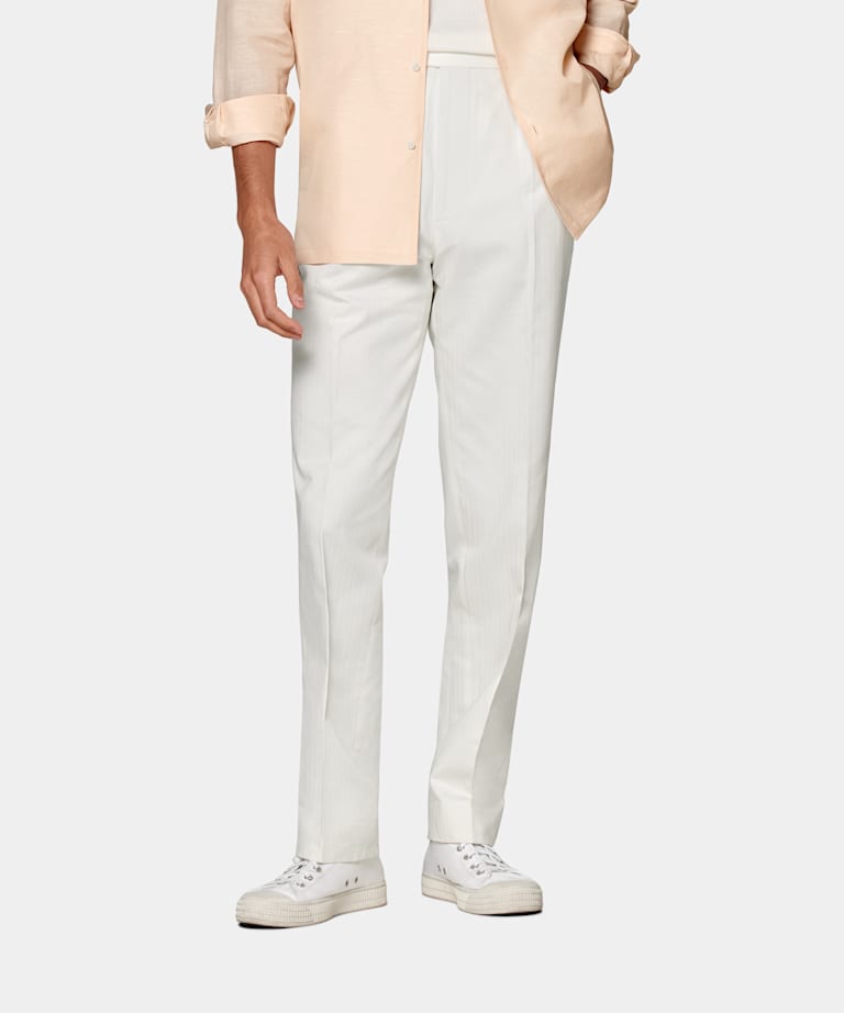 SUITSUPPLY Pure Cotton by Di Sondrio, Italy Off-White Herringbone Pleated Mira Trousers