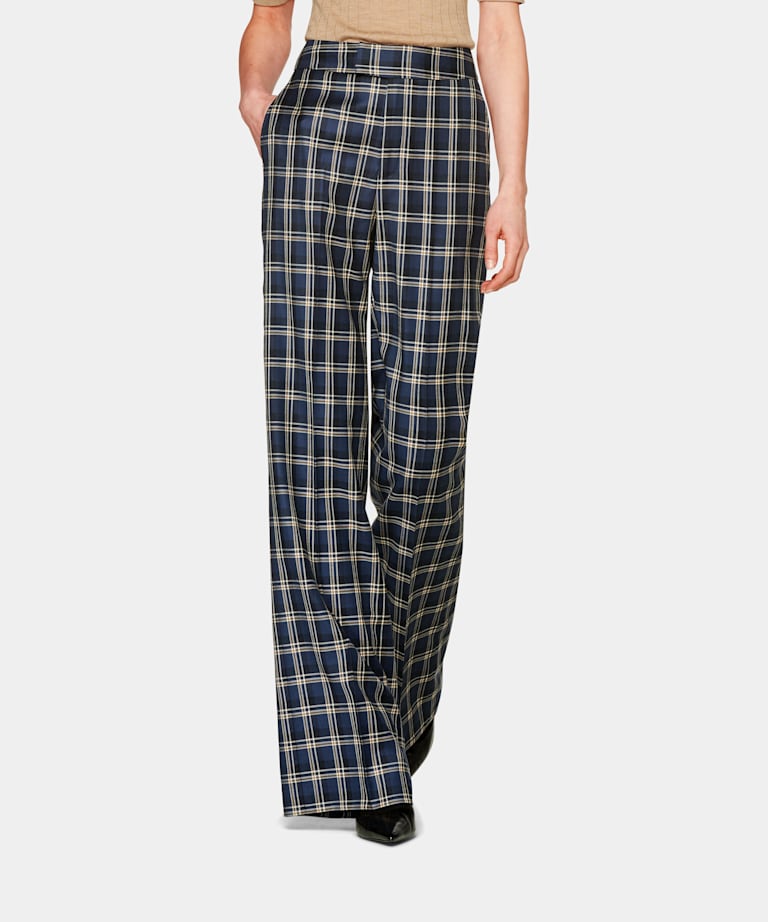 Ladies navy check trousers clearance