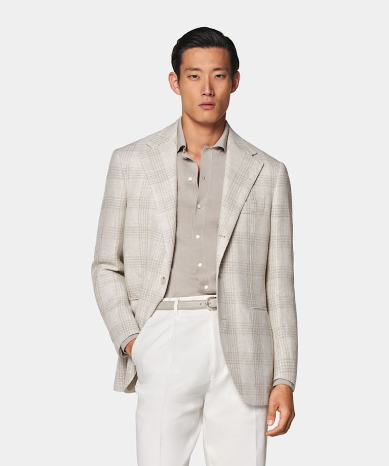 Light Taupe Checked Relaxed Fit Roma Blazer