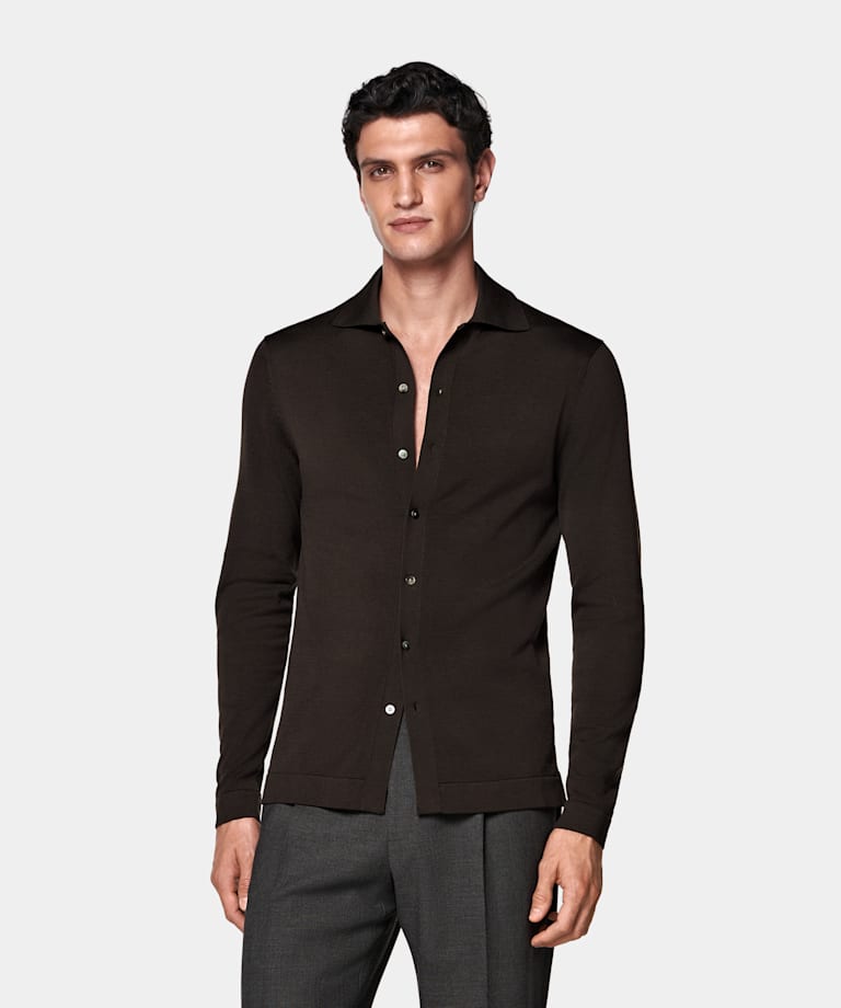 Dark Brown Long Sleeve Polo Cardigan
