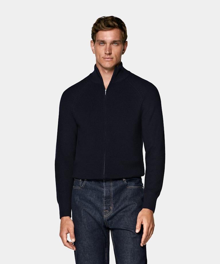 Navy Ribbed Zip Cardigan