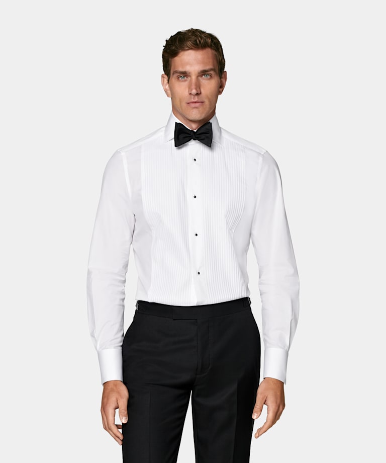 White Plissé Tailored Fit Tuxedo Shirt