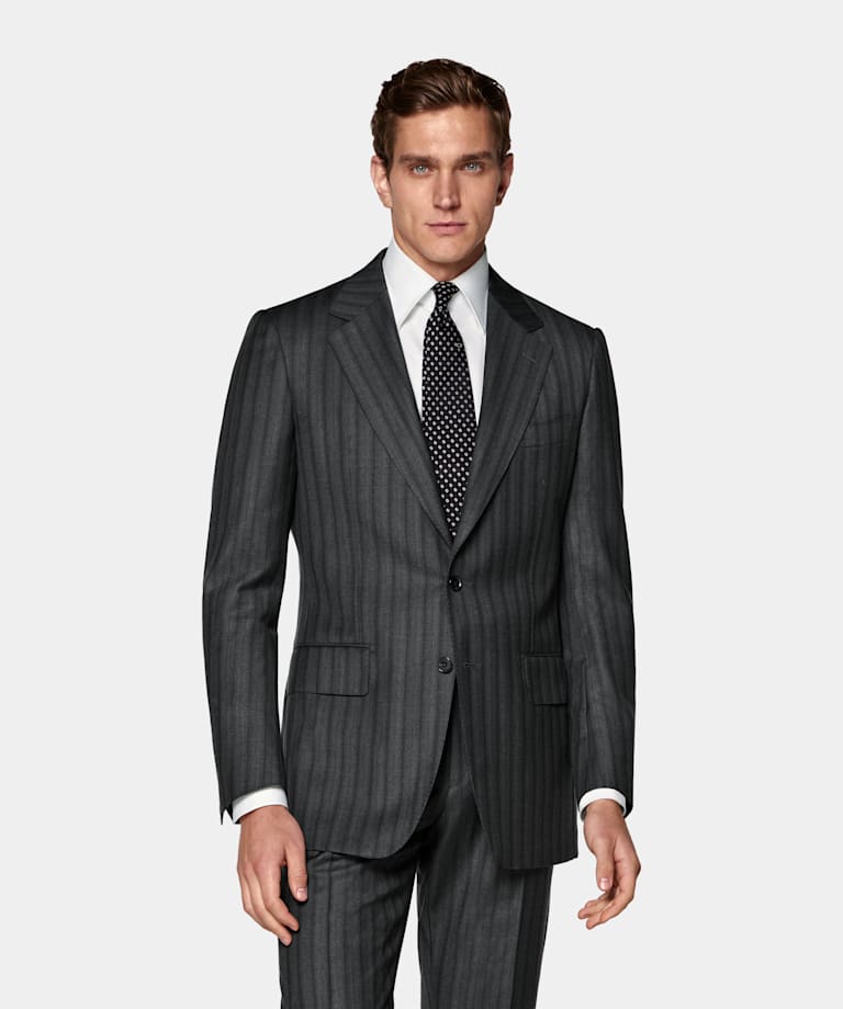 Dark Grey Striped Tailored Fit Milano Suit