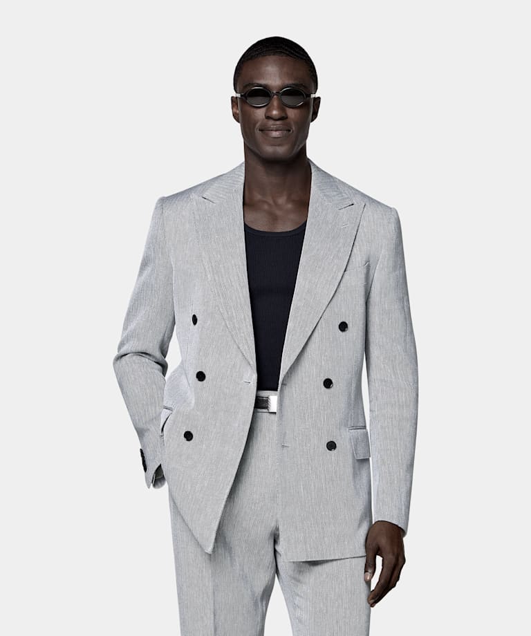 Navy Herringbone Tailored Fit Milano Suit