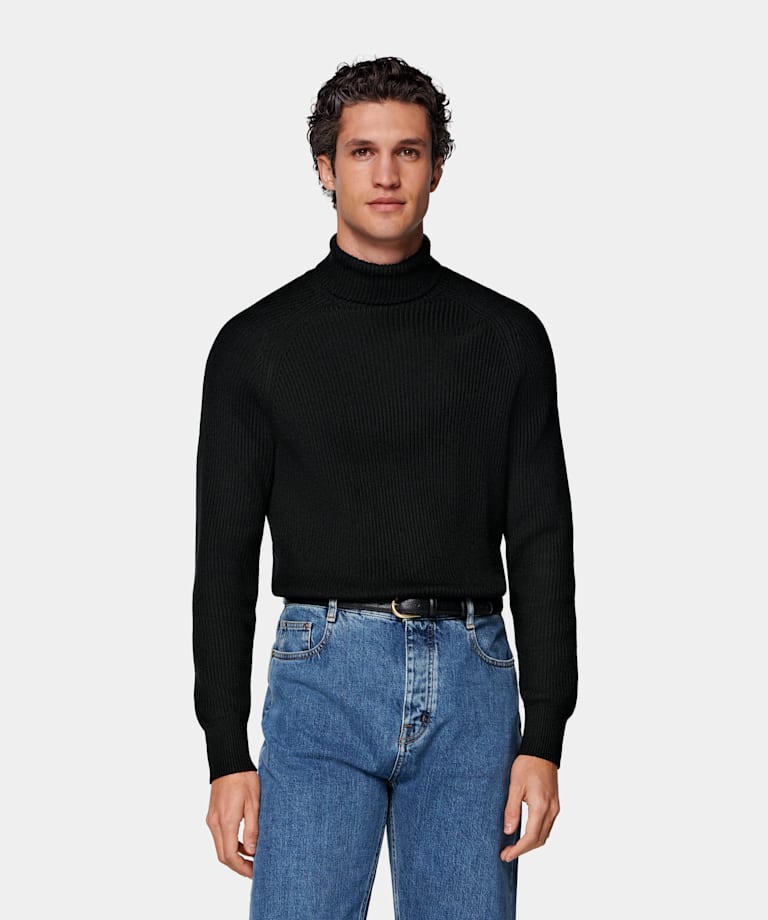 Black Merino Ribbed Turtleneck