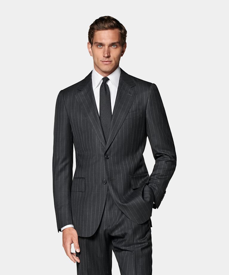 Dark Grey Striped Tailored Fit Milano Suit