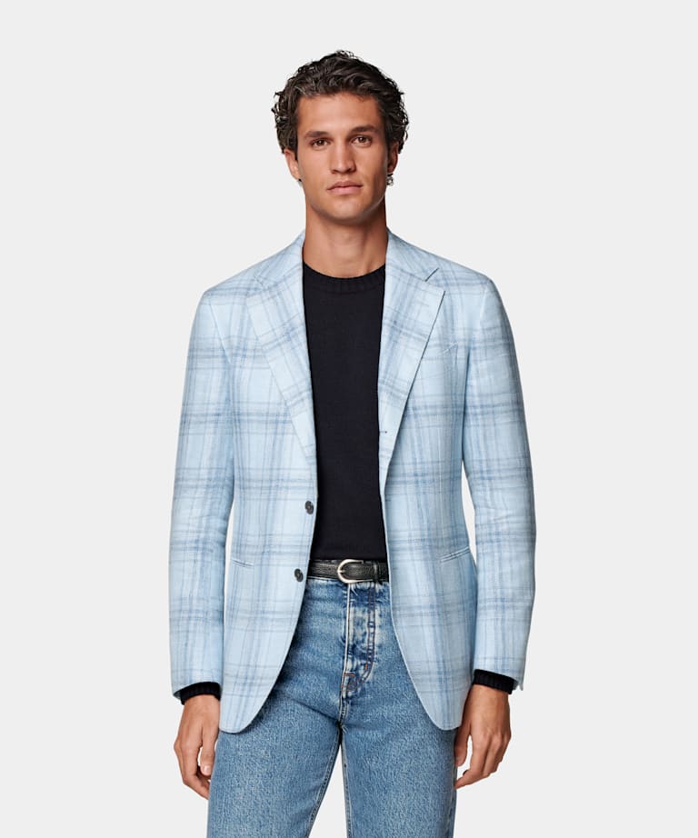 Light Blue Checked Tailored Fit Havana Blazer