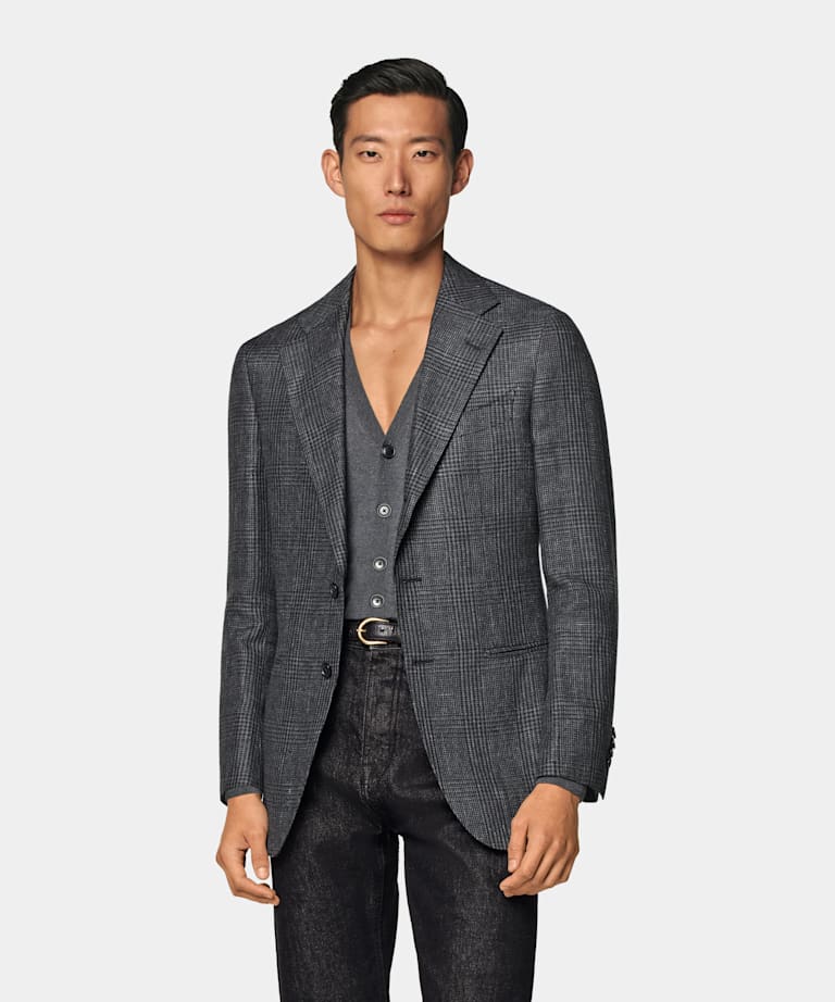 Dark Grey Checked Tailored Fit Havana Blazer