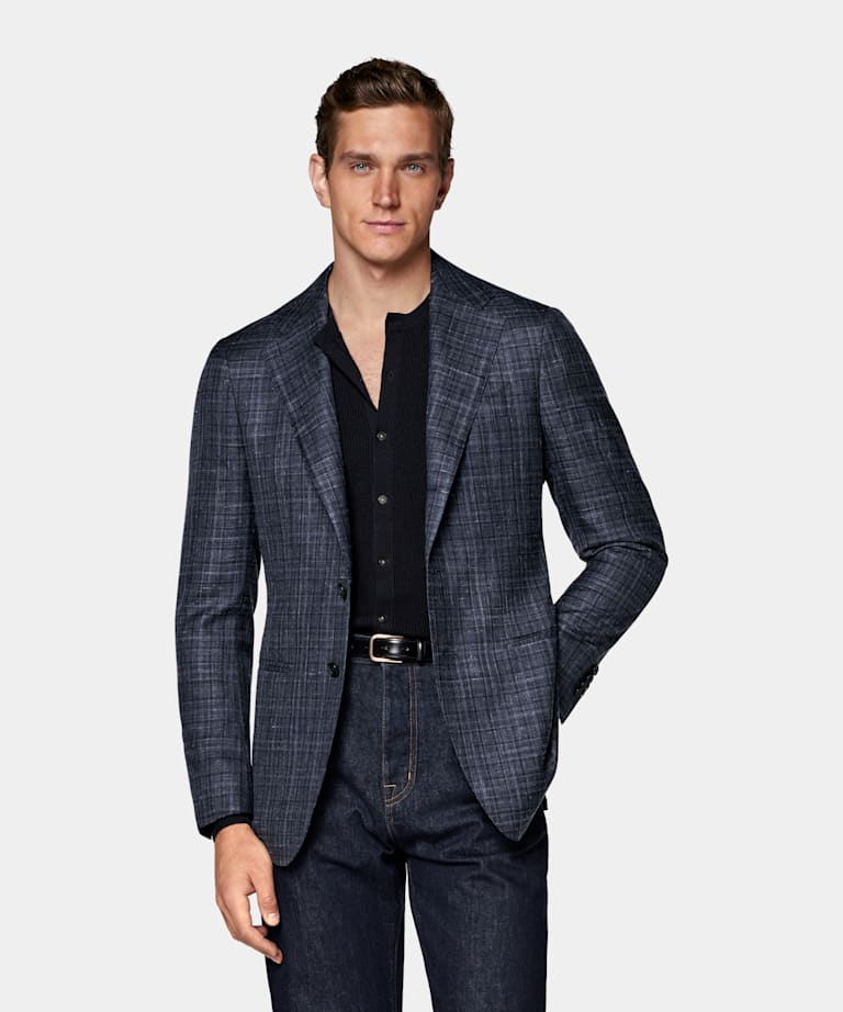 Navy Checked Tailored Fit Havana Blazer