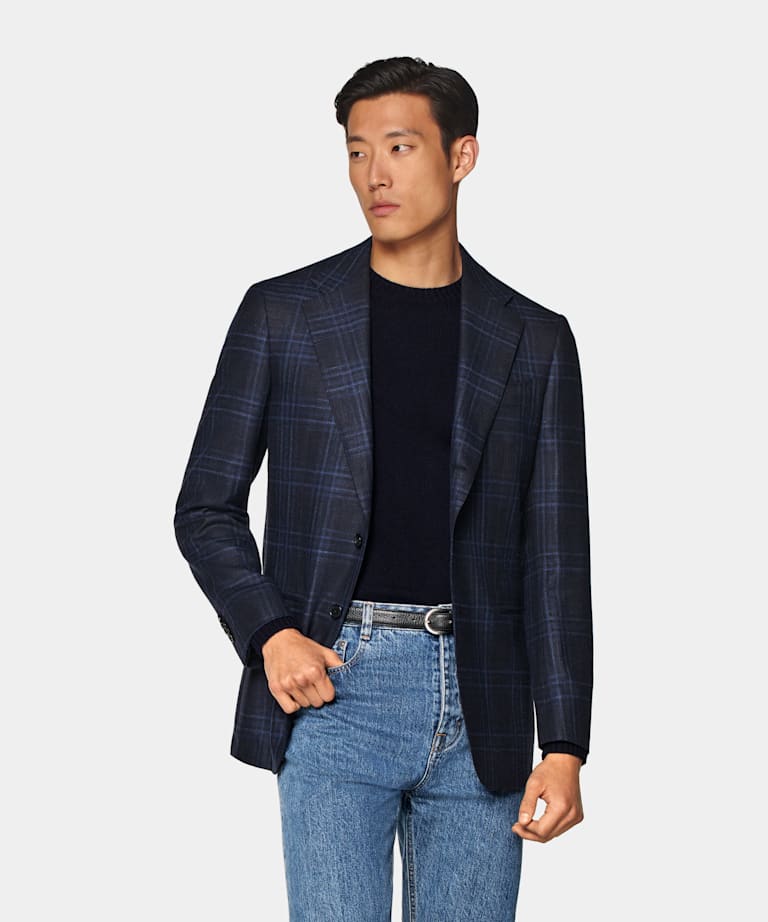 Navy Checked Tailored Fit Havana Blazer