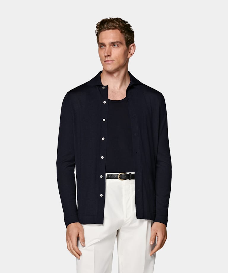 Cárdigan polo azul marino de manga larga merino