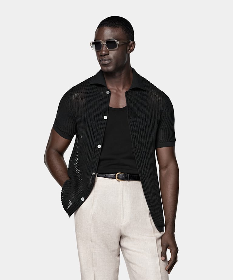 Cardigan à col polo en crochet noir