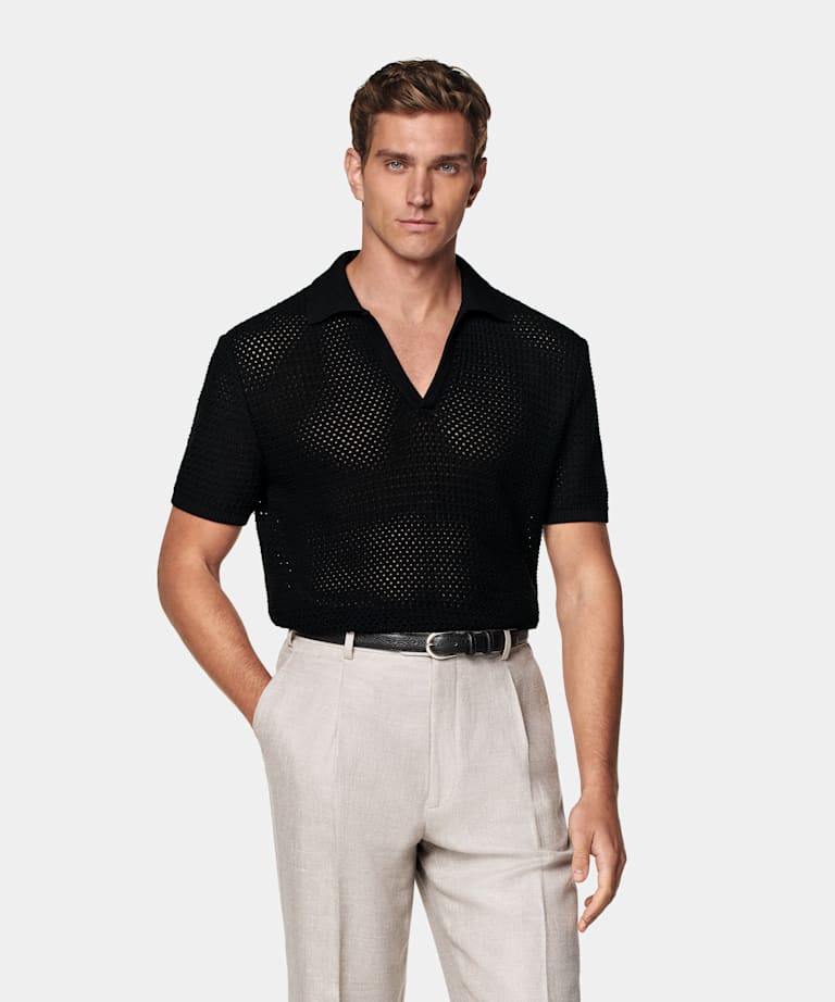 Black Crochet Buttonless Polo