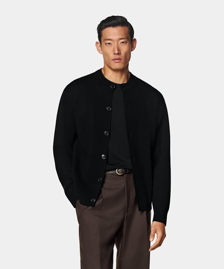 Black Merino Crewneck Cardigan