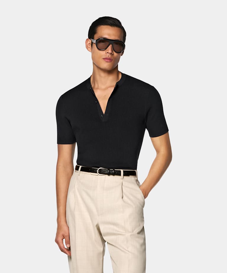 Dark Grey Ribbed Short Sleeve Henley