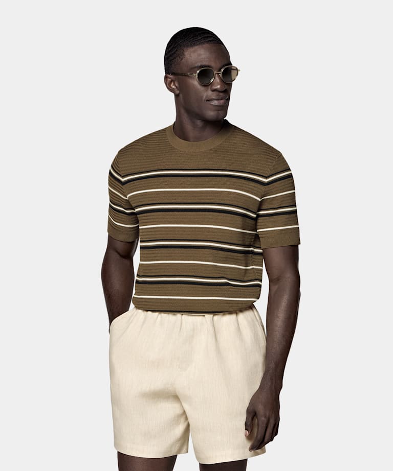 Dark Green Striped Jacquard Short Sleeve Crewneck