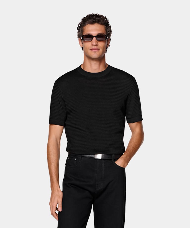 Black Jacquard Short Sleeve Crewneck