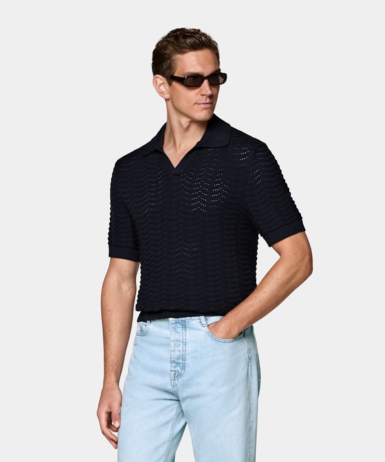 Navy Crochet Buttonless Polo