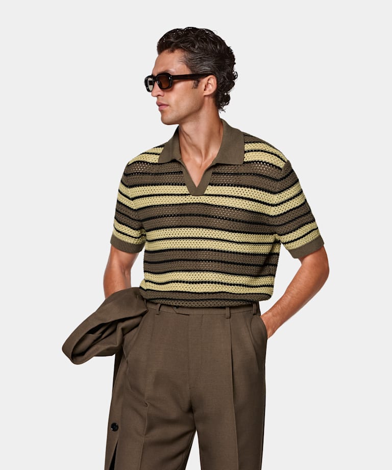 Mid Green Striped Crochet Buttonless Polo