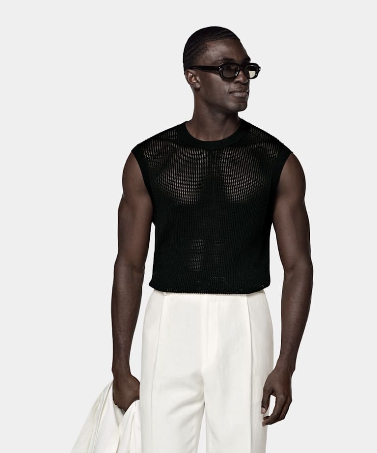 &Auml;rmelloses Crochet-Top mit Rundhalsausschnitt in Schwarz