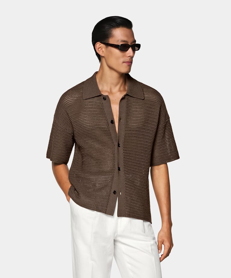 Mid Brown Crochet Polo Cardigan