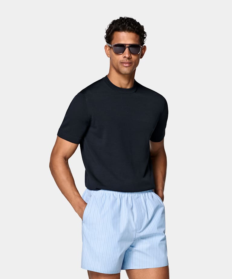 Col rond &agrave; manches courtes bleu marine