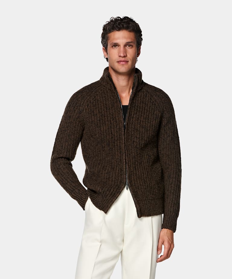 Mid Brown Ribbed Moulin&eacute; Zip Cardigan