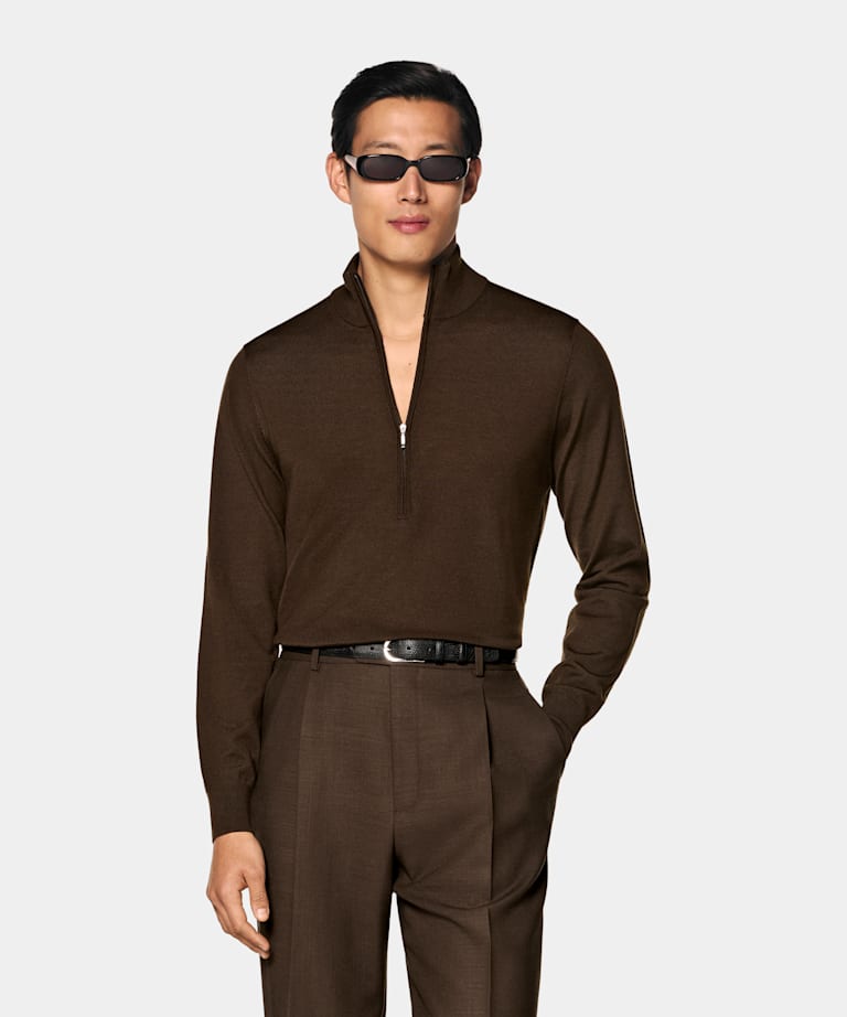 Mid Brown Merino Half Zip