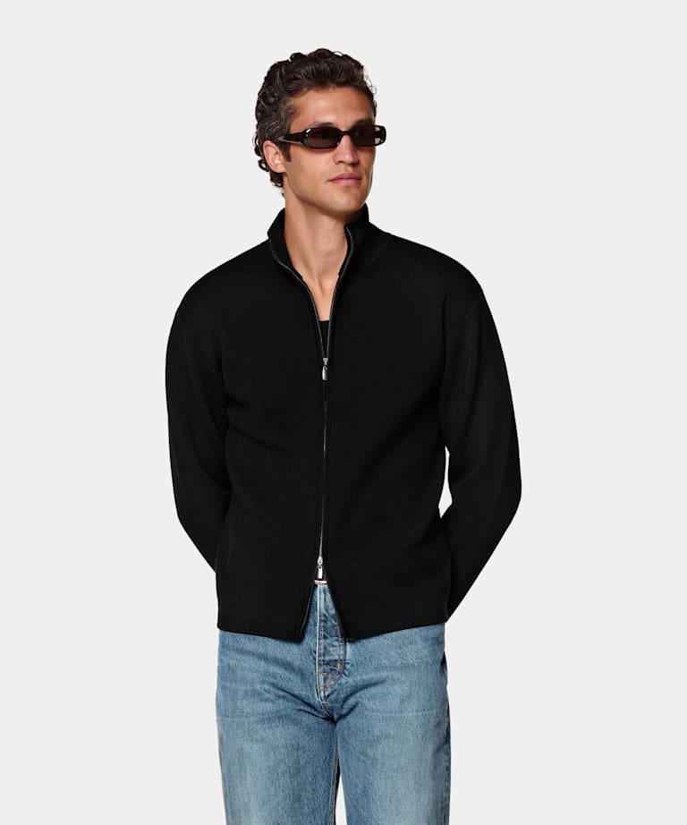 Black Merino Zip Cardigan
