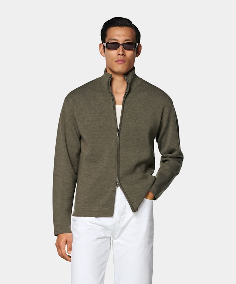 Mid Green Merino Zip Cardigan