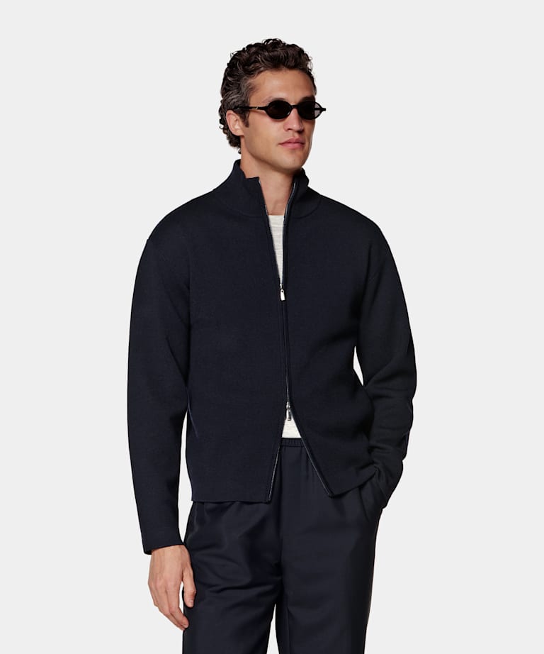 Navy Merino Zip Cardigan