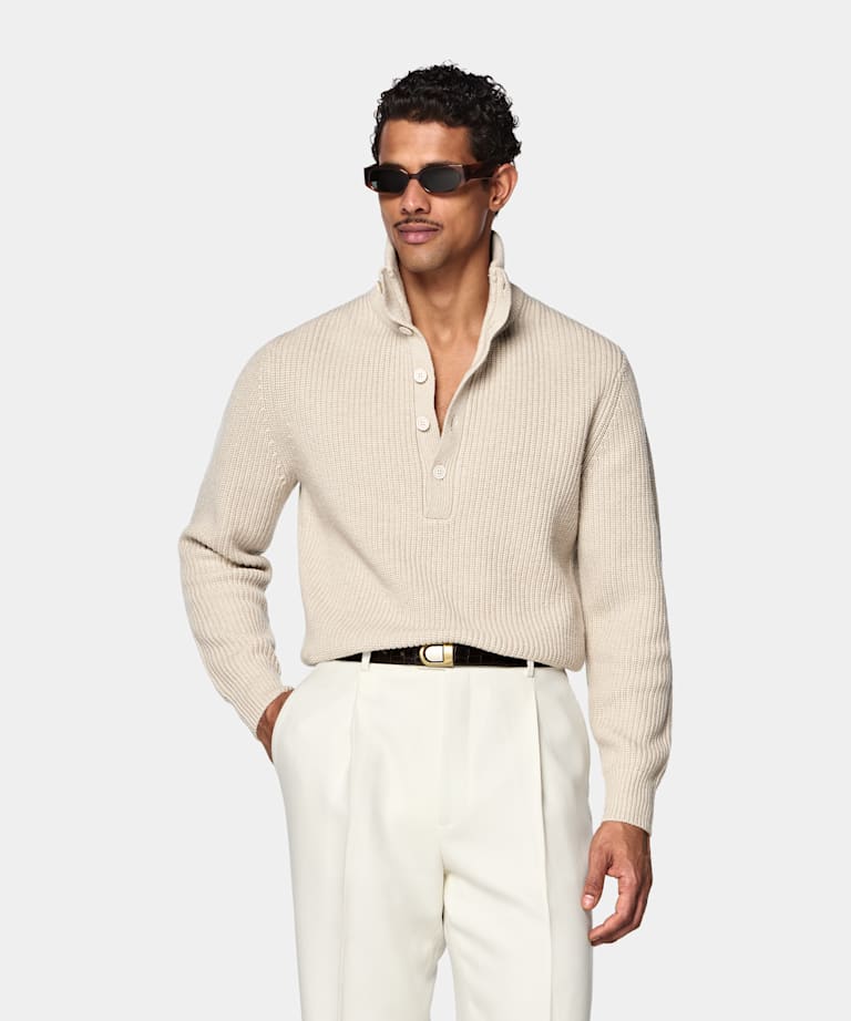 Light Brown Ribbed Long Sleeve Funnel-Neck