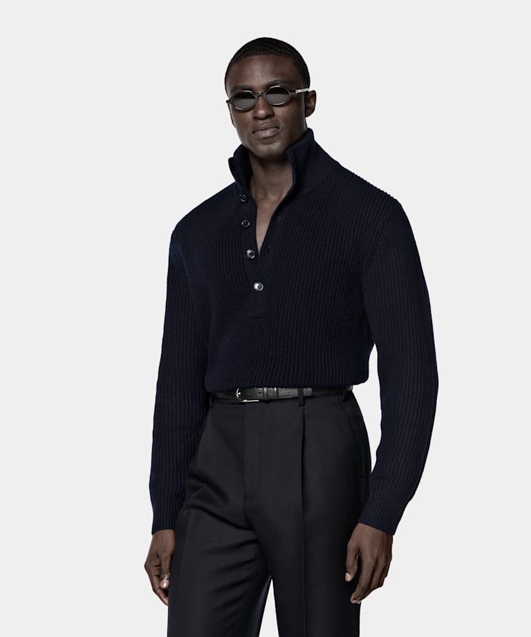 Navy Ribbed Long Sleeve Funnel-Neck